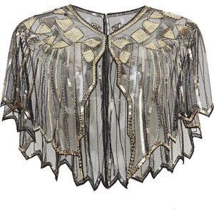 Women Sequin  Beaded Evening flapper Cape 1920s Shawl Wraps (Gold)